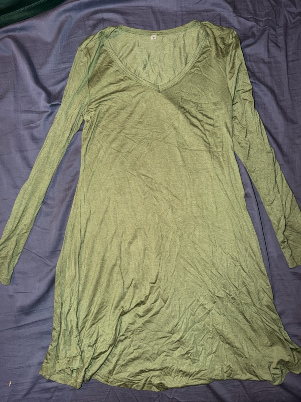 Long Sleeve V-Neck Tunic Dress - Olive Green